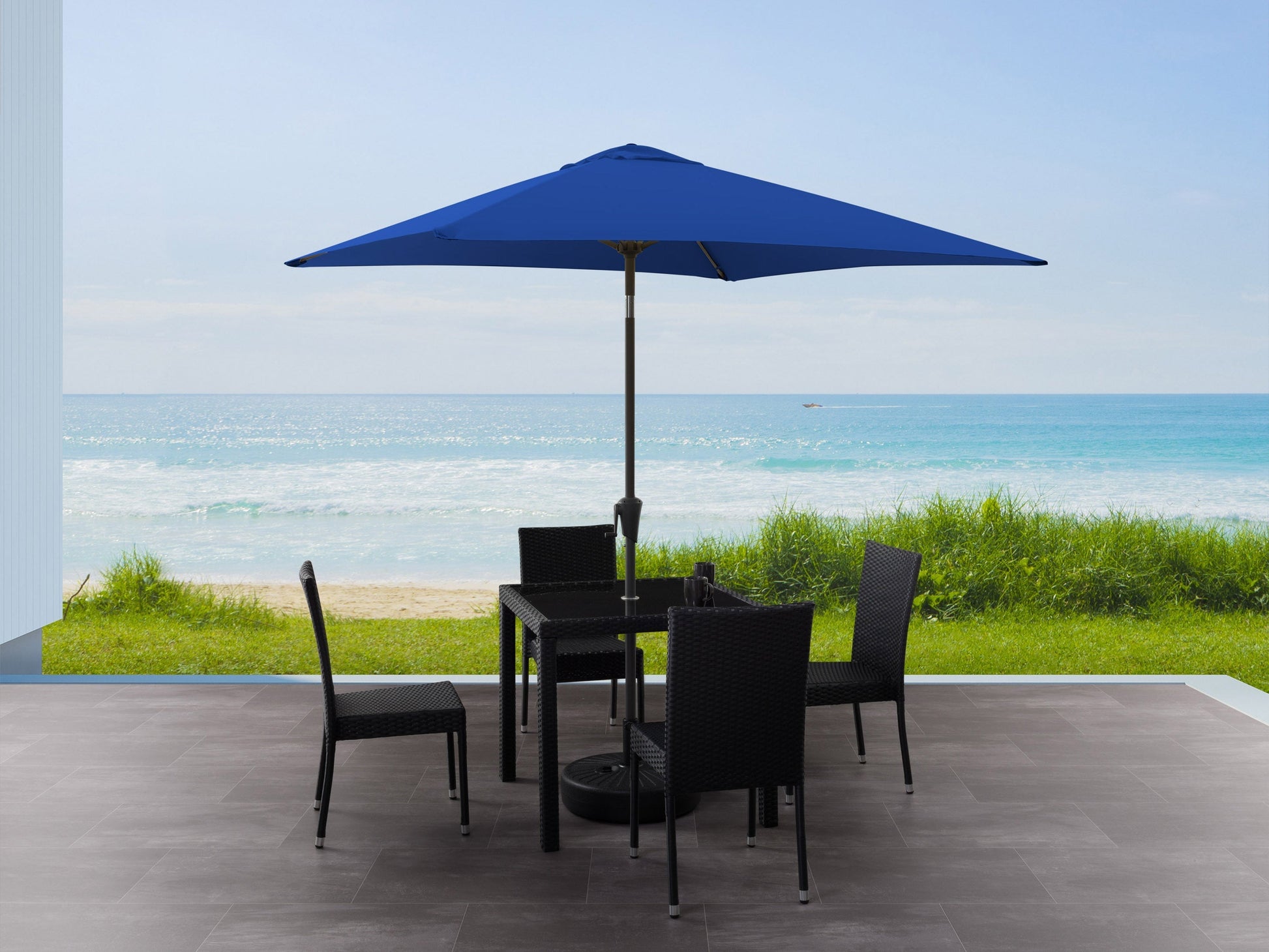 Cobalt blue 9ft square patio umbrella with tilting feature and sturdy aluminum frame for outdoor shade.