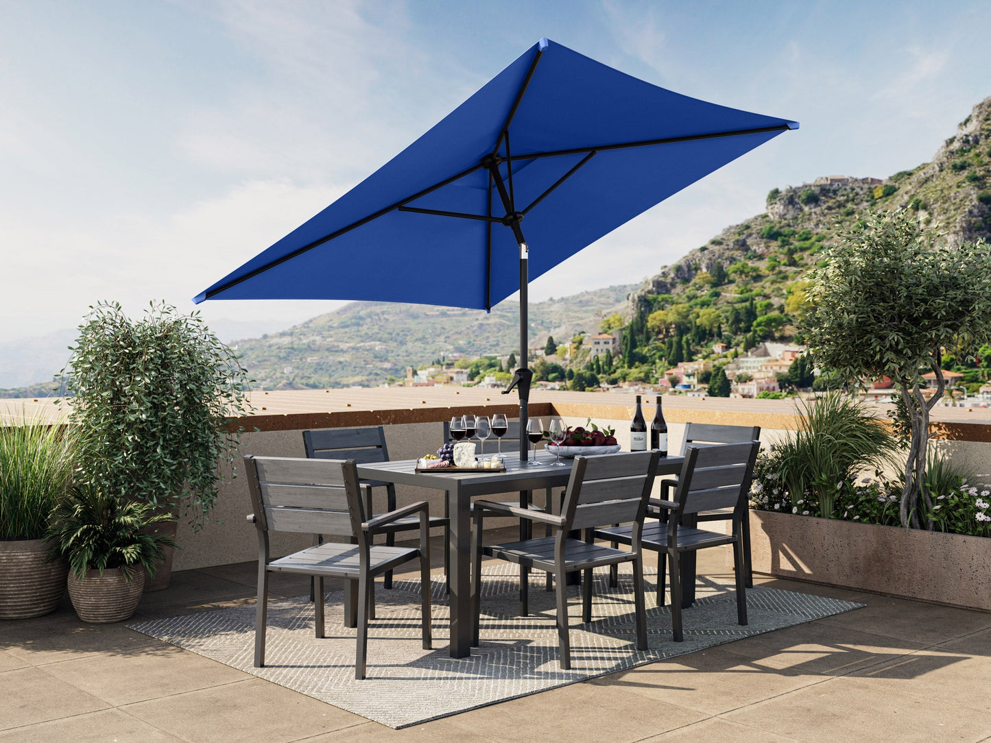 Cobalt blue 9ft square patio umbrella with tilting feature and durable aluminum frame.