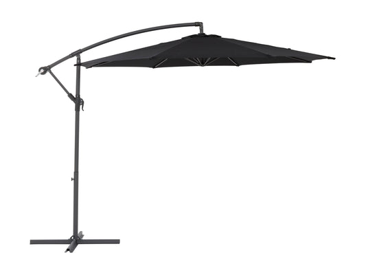 Black 9.5ft tilting offset patio umbrella with durable canopy and adjustable pole for outdoor shade.