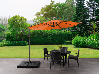 Orange 9.5ft tilting offset patio umbrella with UV protection, adjustable canopy, and sturdy black metal frame.