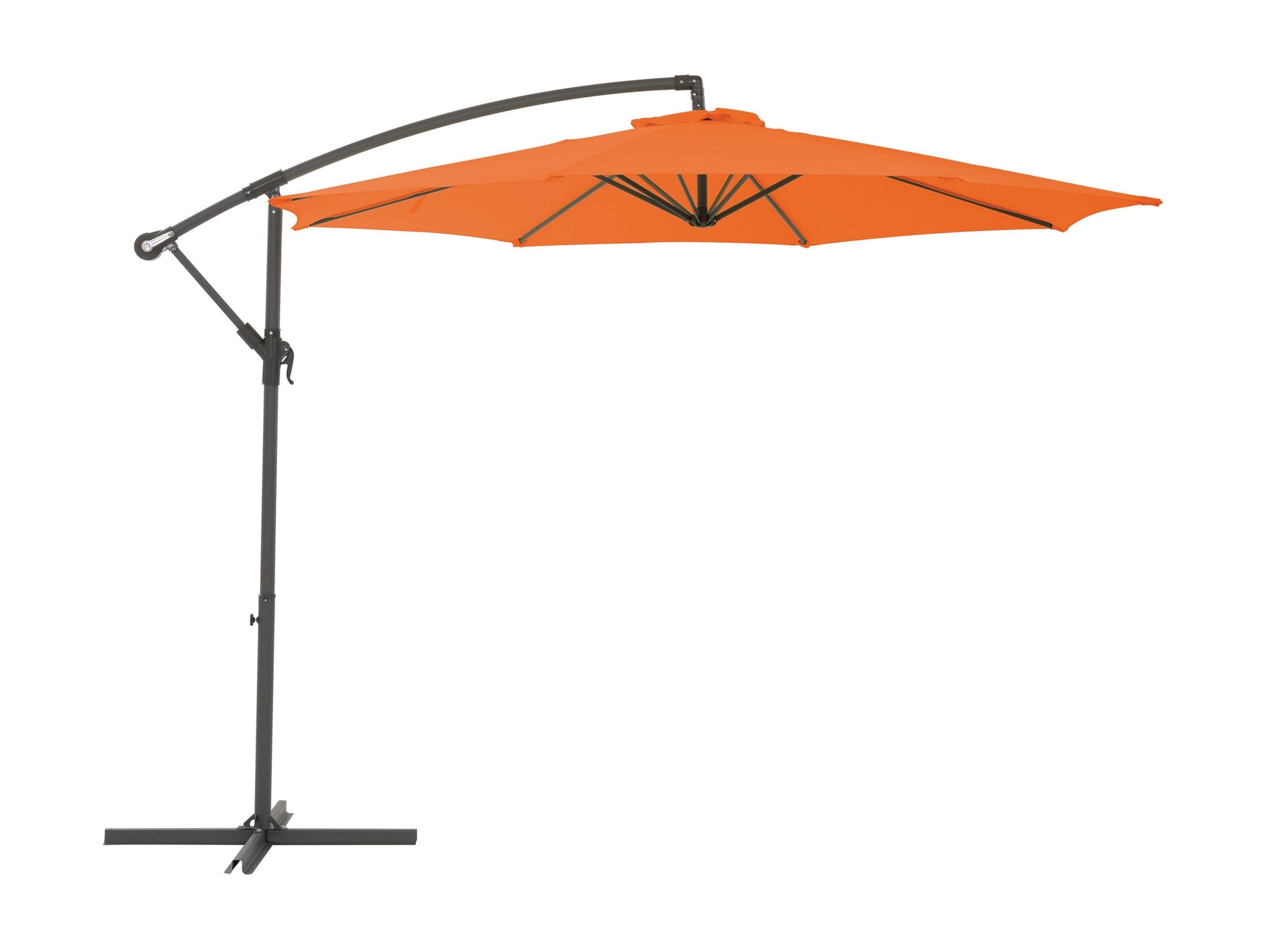 Bright orange 9.5ft tilting offset patio umbrella with durable canopy and sturdy metal pole for outdoor shade.