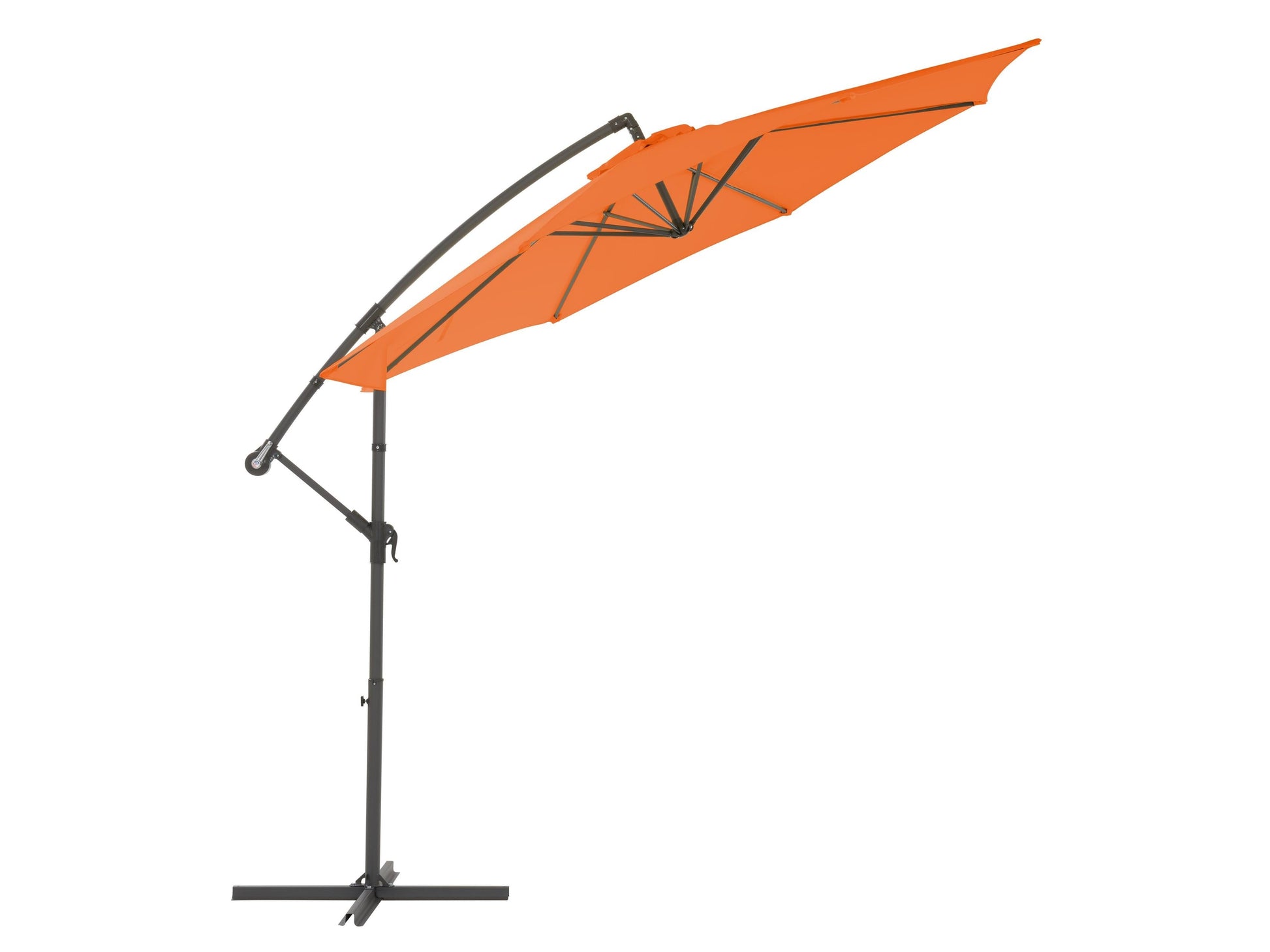 Orange 9.5ft tilting offset patio umbrella with UV-resistant fabric and sturdy aluminum frame for outdoor shade.