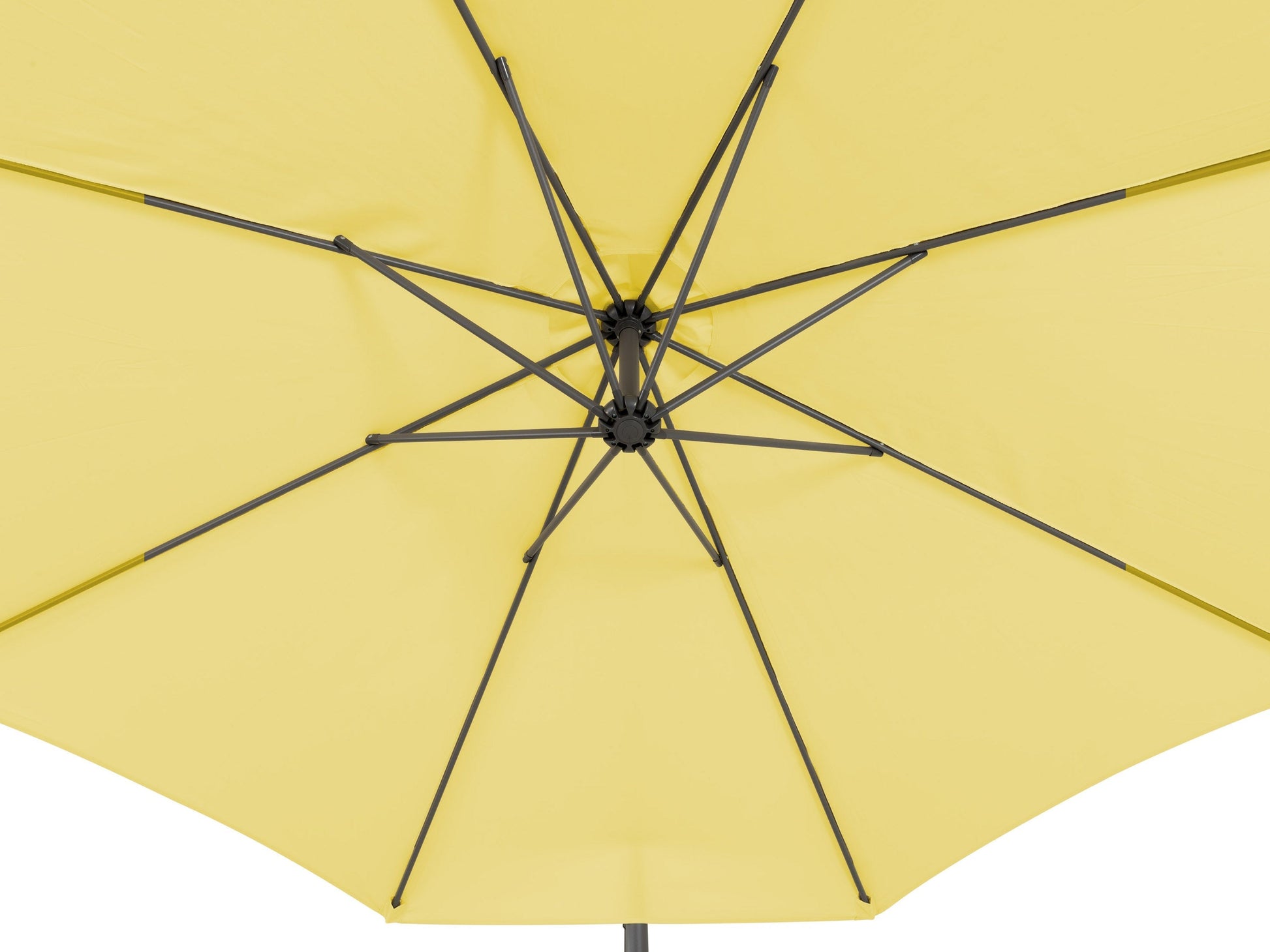 Yellow 9.5ft tilting offset patio umbrella with durable canopy and sturdy metal frame for outdoor shade.