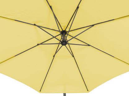 Yellow 9.5ft tilting offset patio umbrella with durable canopy and sturdy metal frame for outdoor shade.