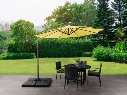 Yellow 9.5ft tilting offset patio umbrella with UV protection and sturdy aluminum frame for outdoor spaces.