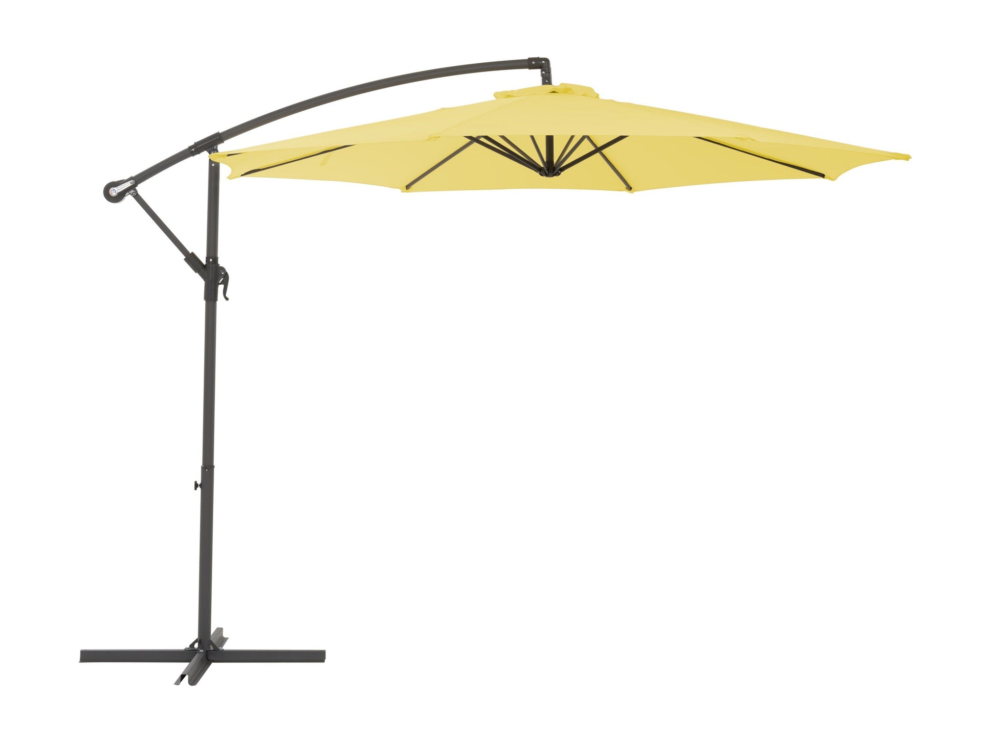 Yellow 9.5ft tilting offset patio umbrella with durable canopy and adjustable angle for outdoor shade.