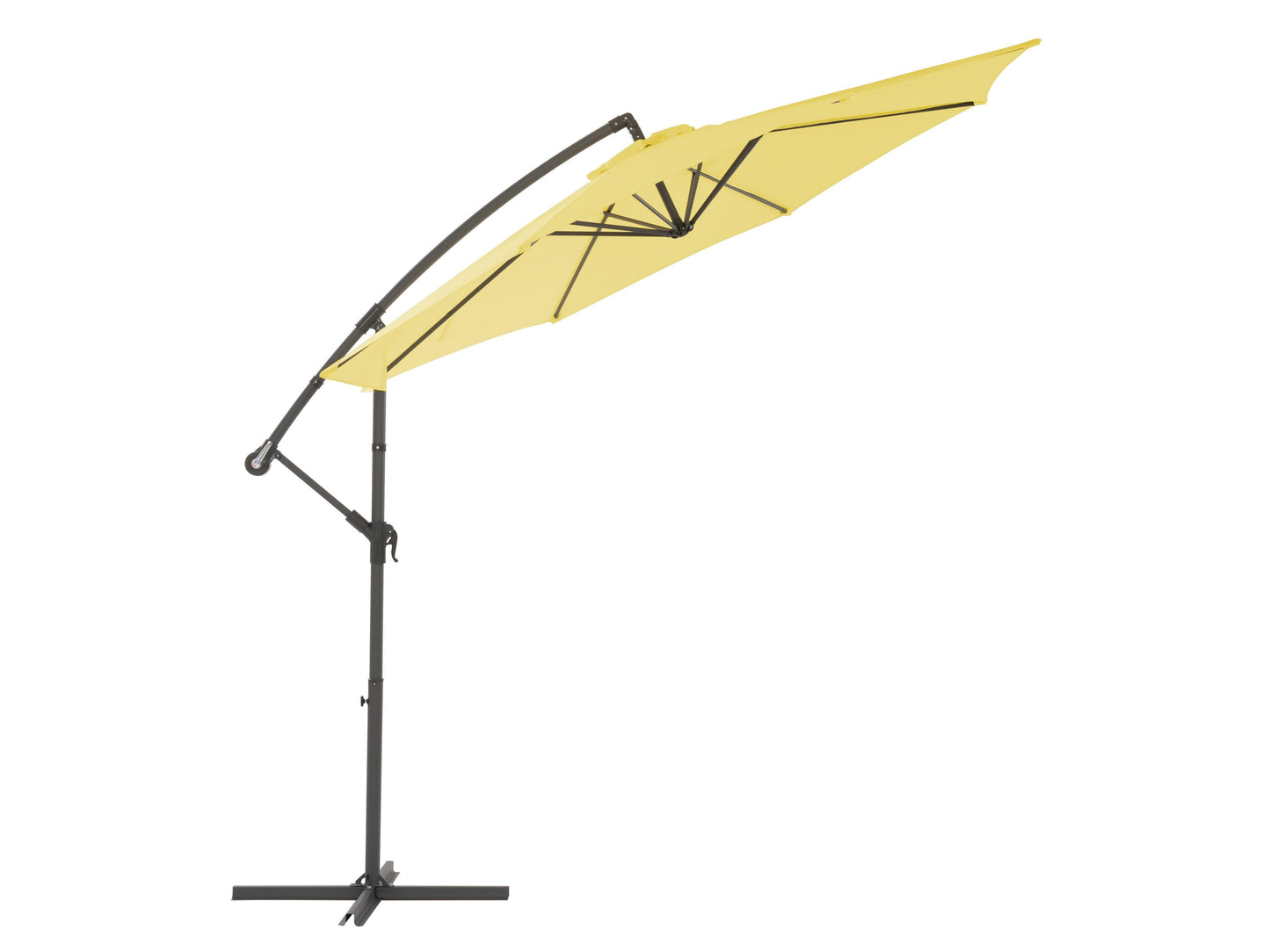 Yellow 9.5ft tilting offset patio umbrella with UV protection and sturdy aluminum frame, perfect for outdoor shading.