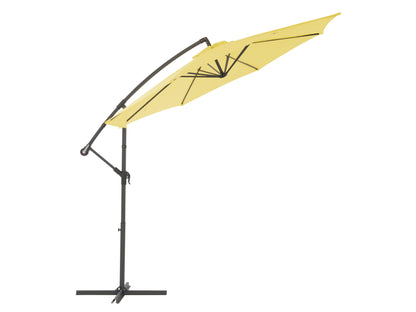 Yellow 9.5ft tilting offset patio umbrella with UV protection and sturdy aluminum frame, perfect for outdoor shading.