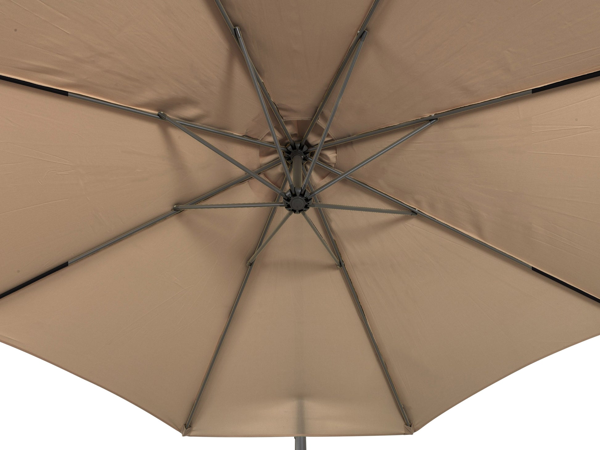 Brown 9.5ft tilting offset patio umbrella with durable fabric, adjustable canopy, and sturdy metal pole.