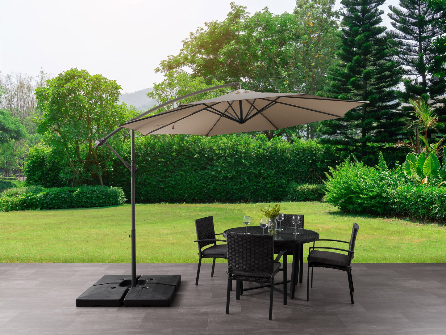 Brown 9.5ft tilting offset patio umbrella with UV protection, durable canopy, and adjustable tilt for outdoor shade.