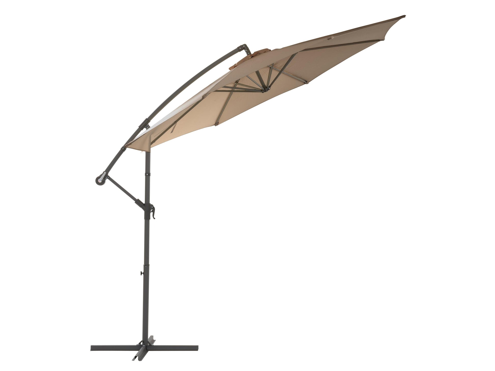 Brown 9.5ft tilting offset patio umbrella with durable canopy and adjustable angle for outdoor shade.