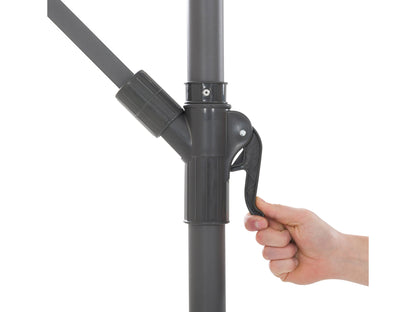 Grey 9.5ft tilting offset patio umbrella with sturdy aluminum frame and UV-resistant canopy.