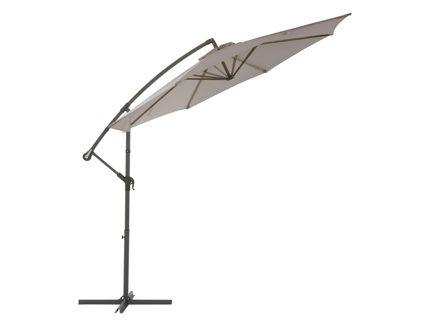 Grey 9.5ft tilting offset patio umbrella with durable canopy and adjustable tilt for outdoor shade.