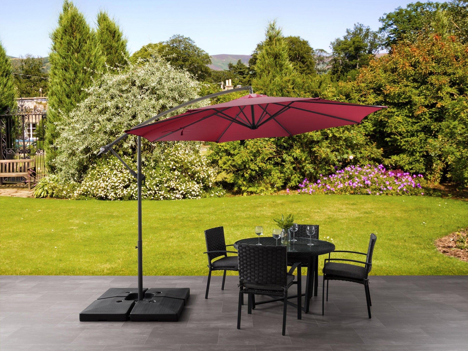 Wine red 9.5ft tilting offset patio umbrella with UV protection and durable aluminum frame.