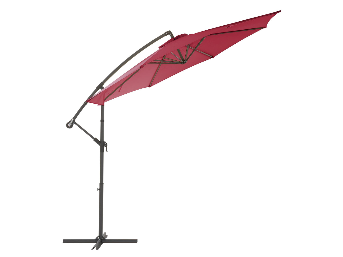 Wine red 9.5ft tilting offset patio umbrella with sturdy base and adjustable canopy for outdoor shade.