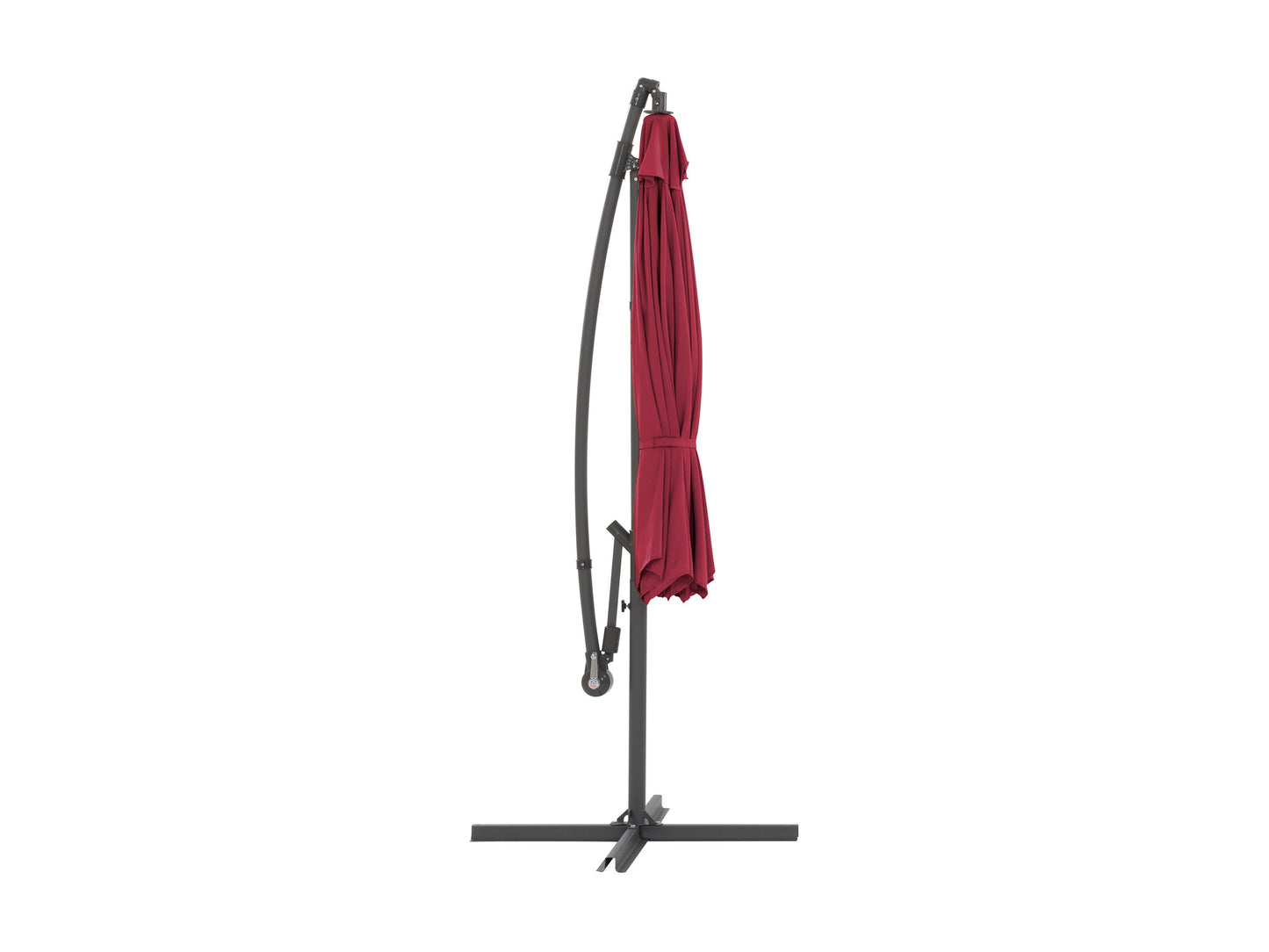 Wine red 9.5ft tilting offset patio umbrella with sturdy base and adjustable canopy for outdoor shade.