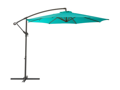 Turquoise 9.5ft tilting offset patio umbrella with UV protection and sturdy aluminum frame.