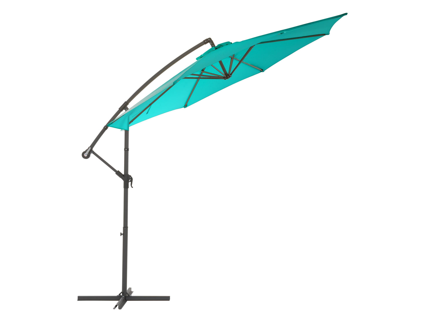 Turquoise 9.5ft tilting offset patio umbrella with UV protection and sturdy aluminum frame.