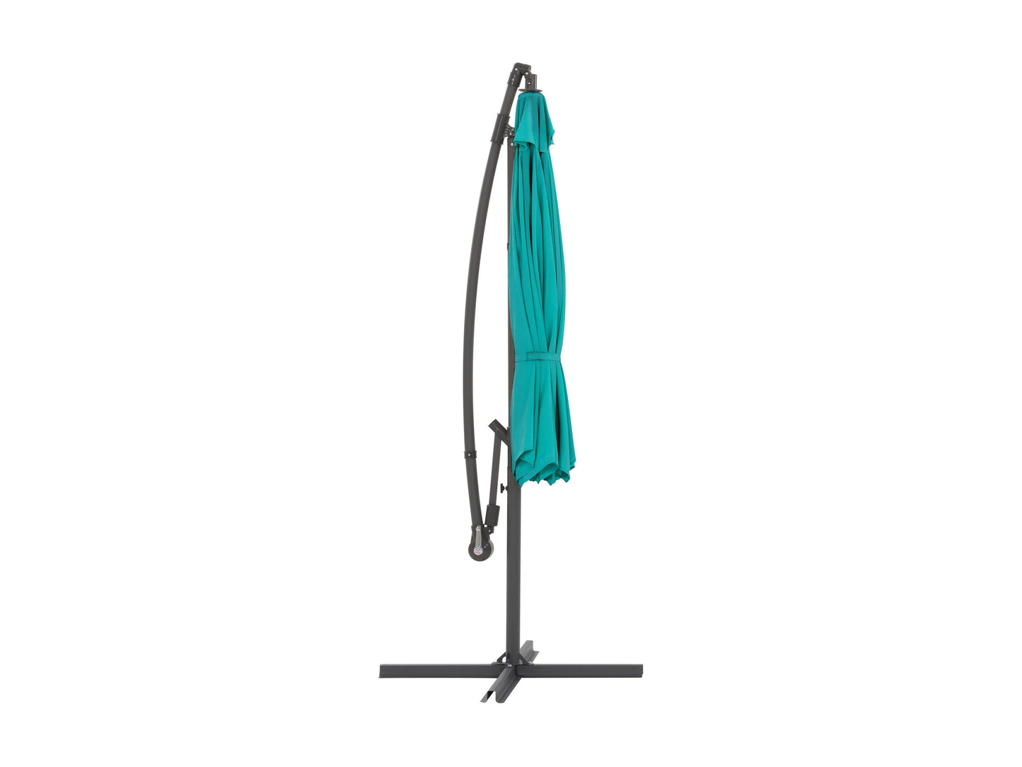 Turquoise 9.5ft tilting offset patio umbrella with sturdy aluminum frame and UV-resistant fabric.