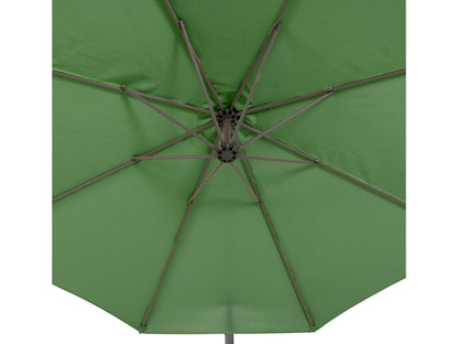 Forest green 9.5ft tilting offset patio umbrella with durable canopy and adjustable aluminum pole.