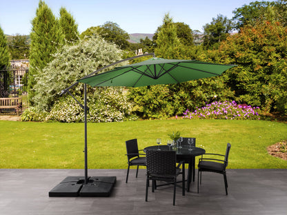 Forest green 9.5ft tilting offset patio umbrella with sturdy aluminum frame and UV-resistant canopy.