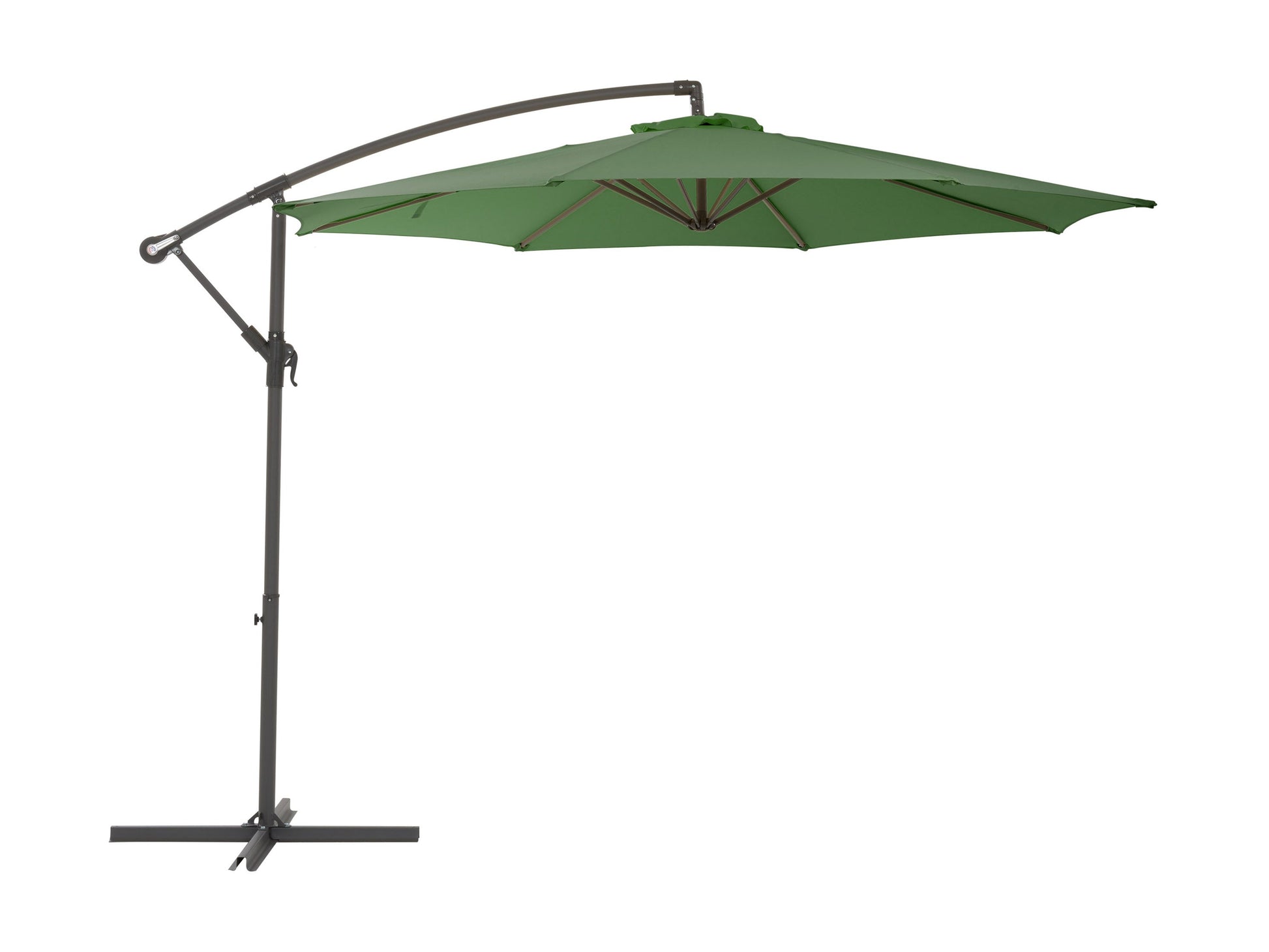 Forest green 9.5ft tilting offset patio umbrella with durable canopy and adjustable tilt feature for outdoor shade.