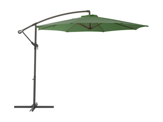 Forest green 9.5ft tilting offset patio umbrella with durable canopy and adjustable tilt feature for outdoor shade.