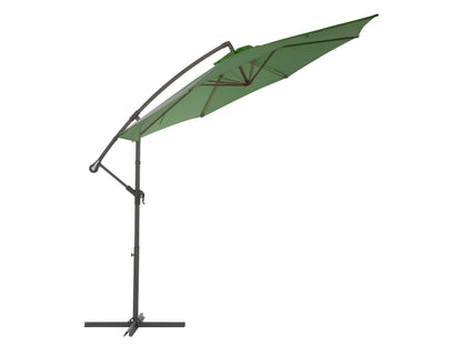 Forest green 9.5ft tilting offset patio umbrella with durable canopy and adjustable angle for outdoor shade.