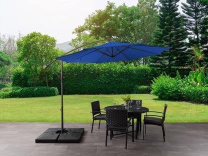 Cobalt blue 9.5ft tilting offset patio umbrella with durable fabric, sturdy base, and easy crank lift system.