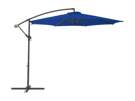 Cobalt blue 9.5ft tilting offset patio umbrella with durable canopy and adjustable stand for outdoor shade.