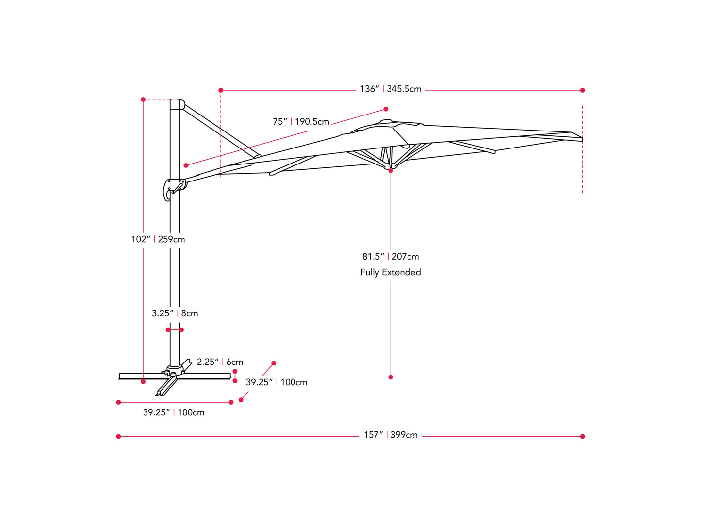 black deluxe offset patio umbrella 500 Series measurements diagram CorLiving#color_ppu-black