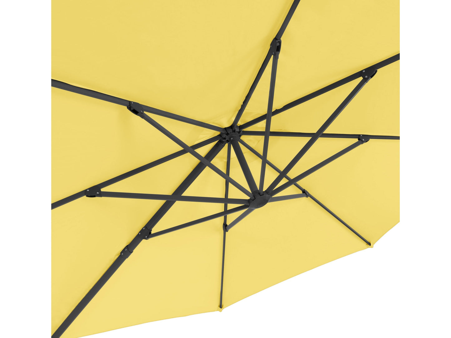 Yellow 11.5ft deluxe offset patio umbrella with a sturdy base and UV-resistant fabric for outdoor shade.