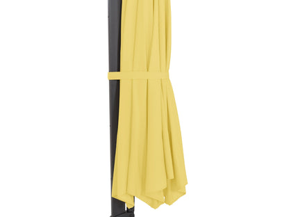 Yellow deluxe offset patio umbrella with 11.5ft canopy, durable aluminum frame, and crank lift system.