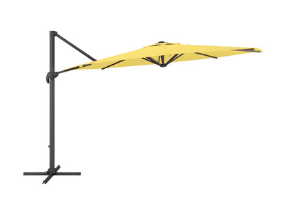 11.5ft deluxe offset patio umbrella, vibrant yellow canopy, durable aluminum frame, adjustable tilt, and crank lift.