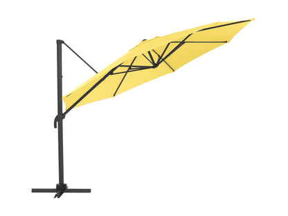 Yellow deluxe offset patio umbrella with 11.5ft canopy, sturdy aluminum frame, and easy crank lift system.