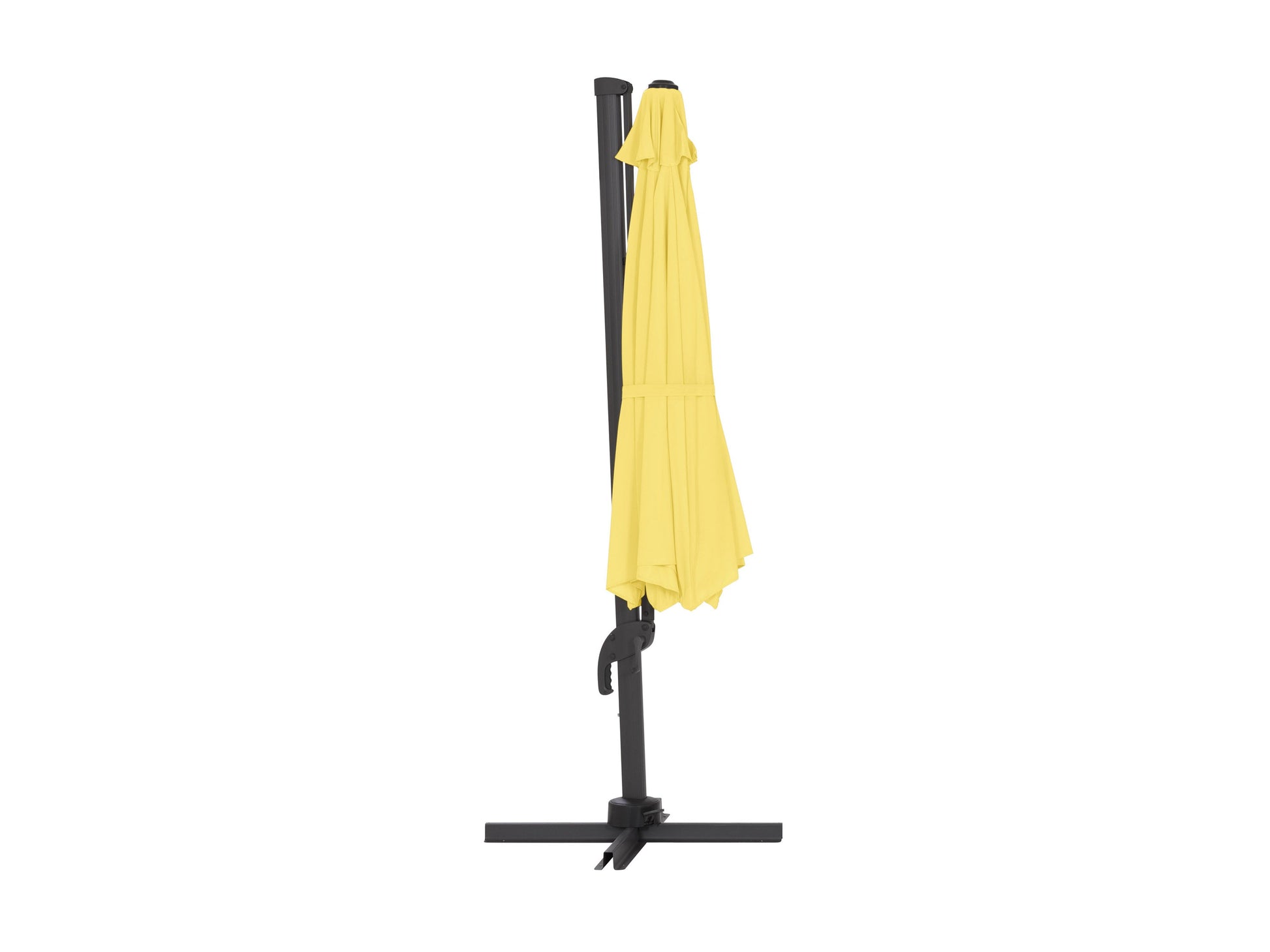 Yellow 11.5ft deluxe offset patio umbrella with sturdy base, UV protection, and adjustable tilt for outdoor shade.