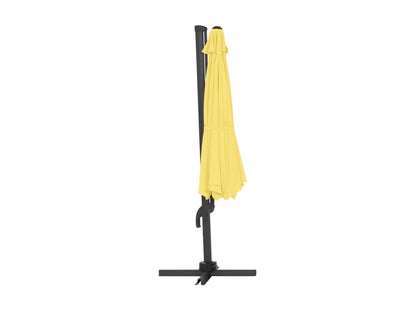 Yellow 11.5ft deluxe offset patio umbrella with sturdy base, UV protection, and adjustable tilt for outdoor shade.