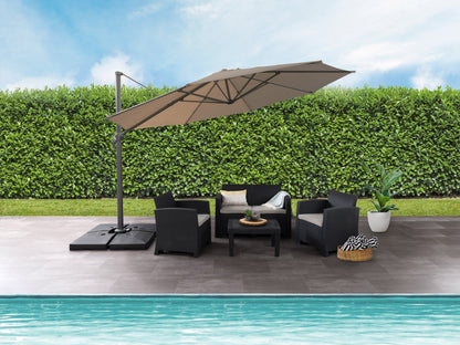 Brown 11.5ft deluxe offset patio umbrella with sturdy base, UV-resistant fabric, and adjustable canopy.