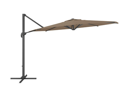 Brown 11.5ft deluxe offset patio umbrella with a sturdy base, adjustable canopy, and weather-resistant fabric.