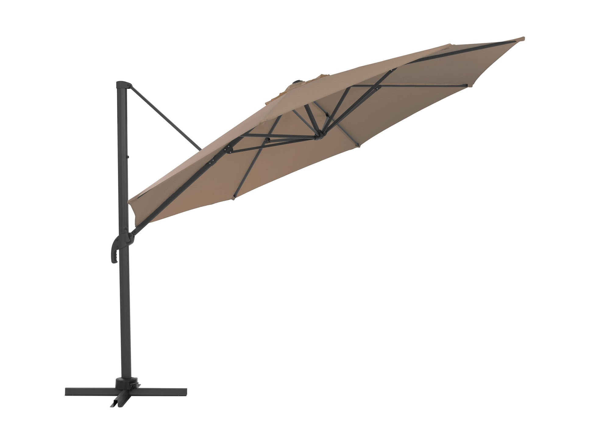 11.5ft deluxe offset patio umbrella in brown with sturdy base, UV-resistant fabric, and adjustable canopy for outdoor shade.