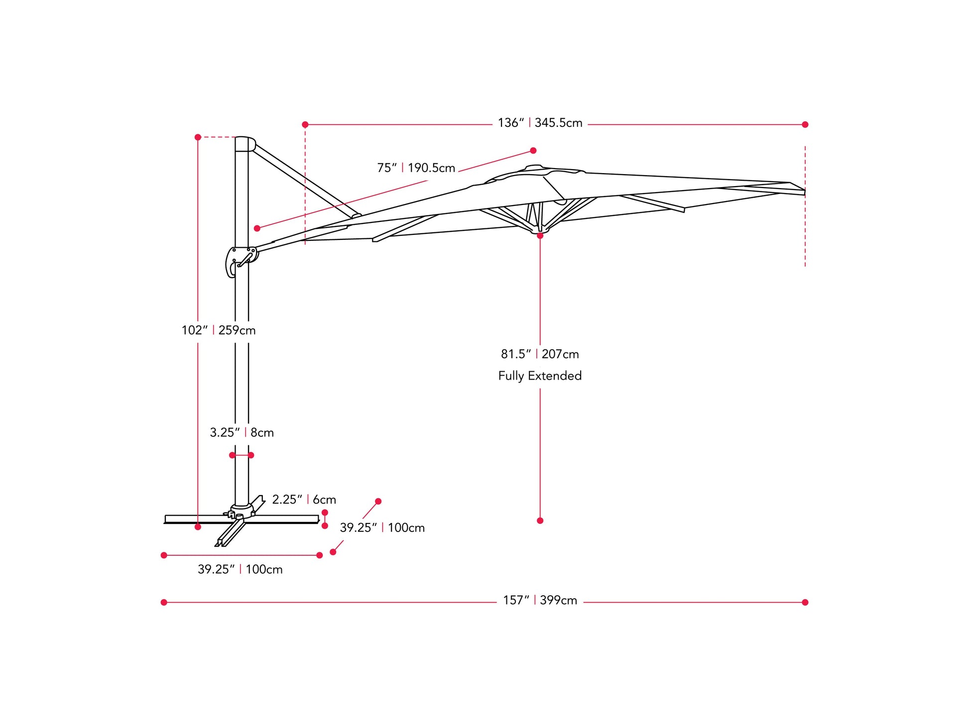 grey deluxe offset patio umbrella 500 Series measurements diagram CorLiving#color_ppu-grey