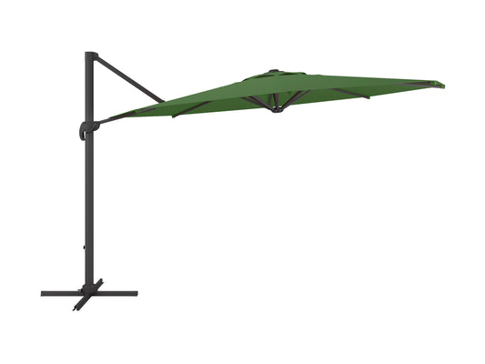 Forest green 11.5ft deluxe offset patio umbrella with sturdy base and adjustable canopy for outdoor shade.