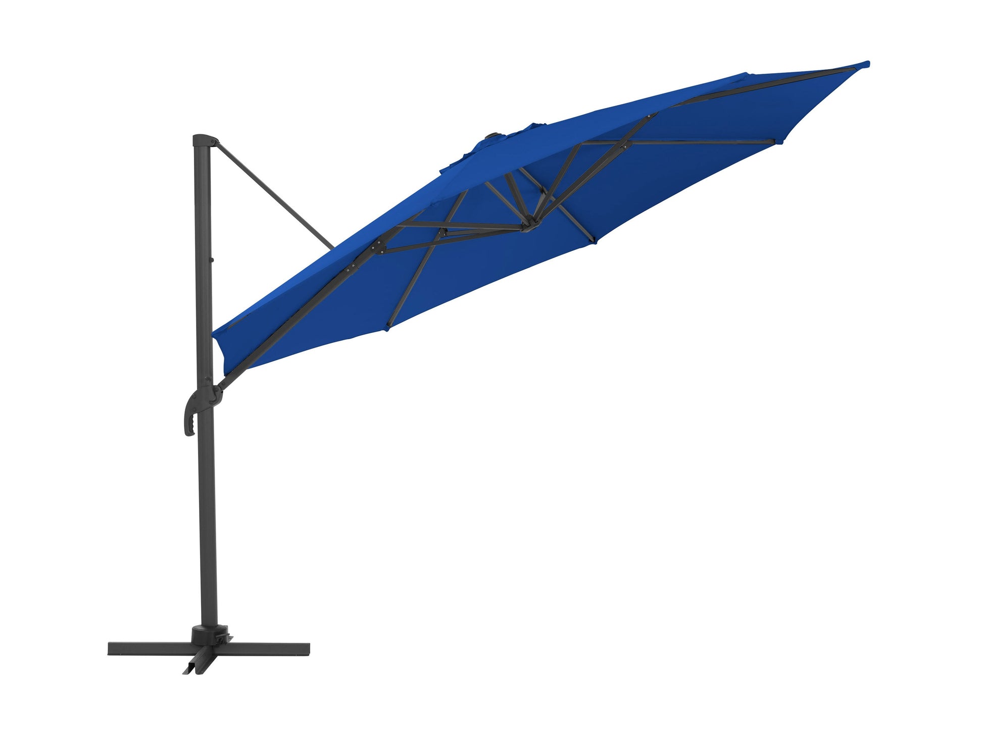 Deluxe cobalt blue offset patio umbrella with 11.5ft canopy and sturdy aluminum frame.