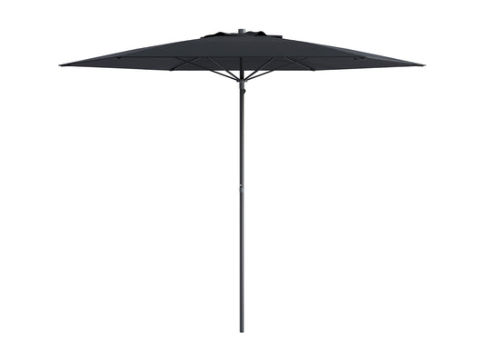 Black 7.5ft beach umbrella with UV protection, sturdy pole, and adjustable tilt for optimal sunshade on sandy shores.