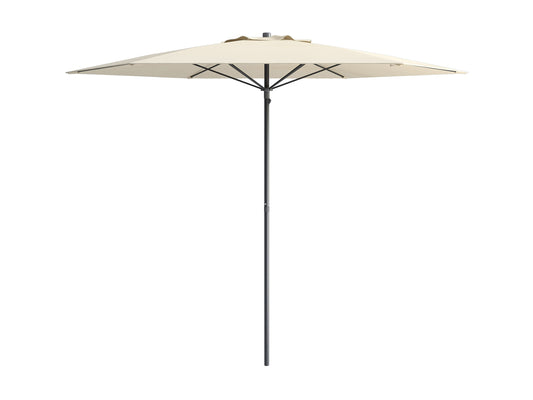 Warm white 7.5ft beach umbrella with UV protection, sturdy wooden pole, and classic striped canopy.