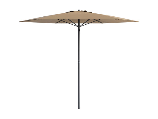 Sandy brown 7.5ft beach umbrella with UV protection, adjustable tilt, and sturdy pole for outdoor use.