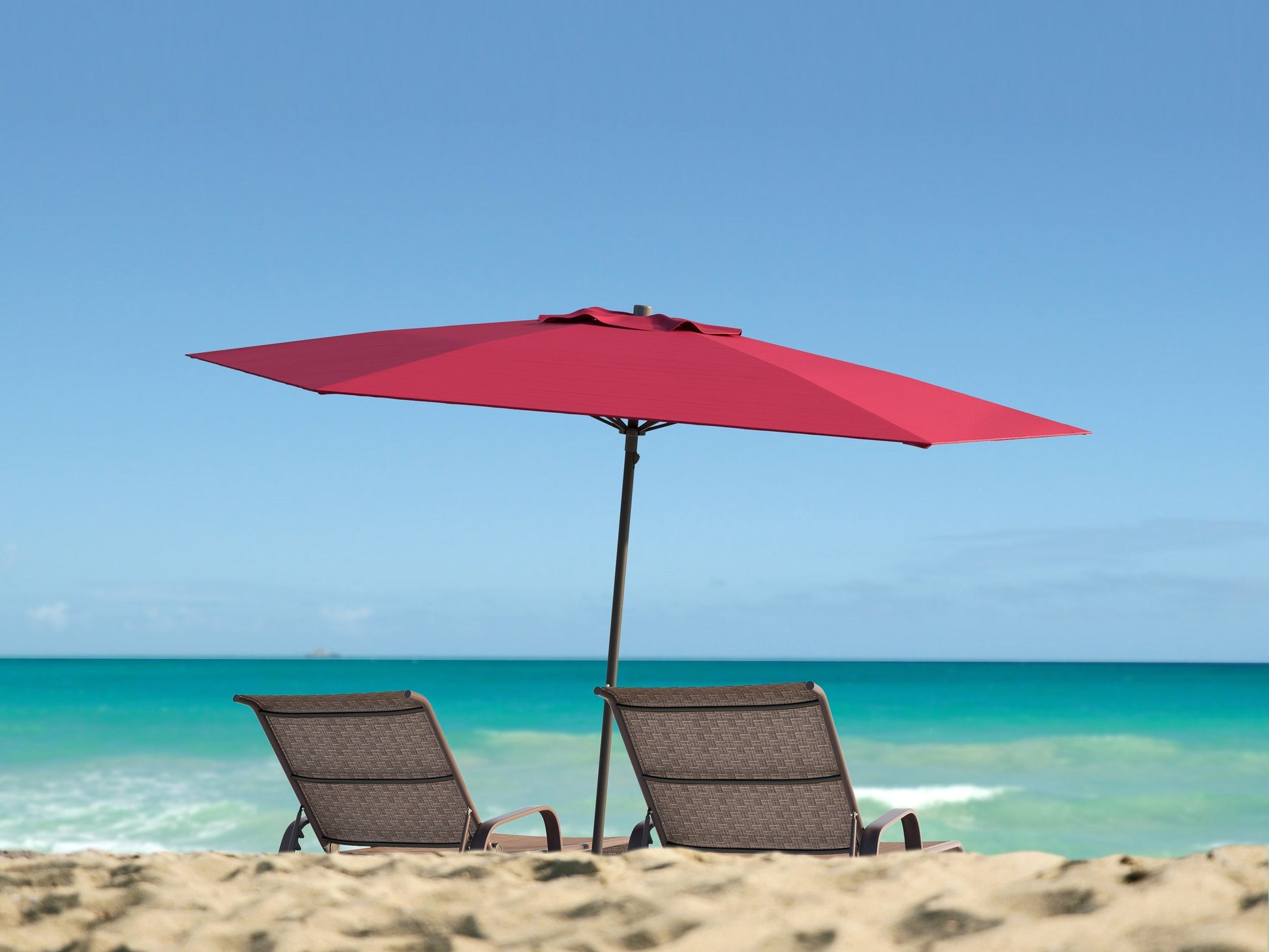 Wine red 7.5ft beach umbrella with UV protection, sturdy aluminum pole, and tilt mechanism for adjustable shade.