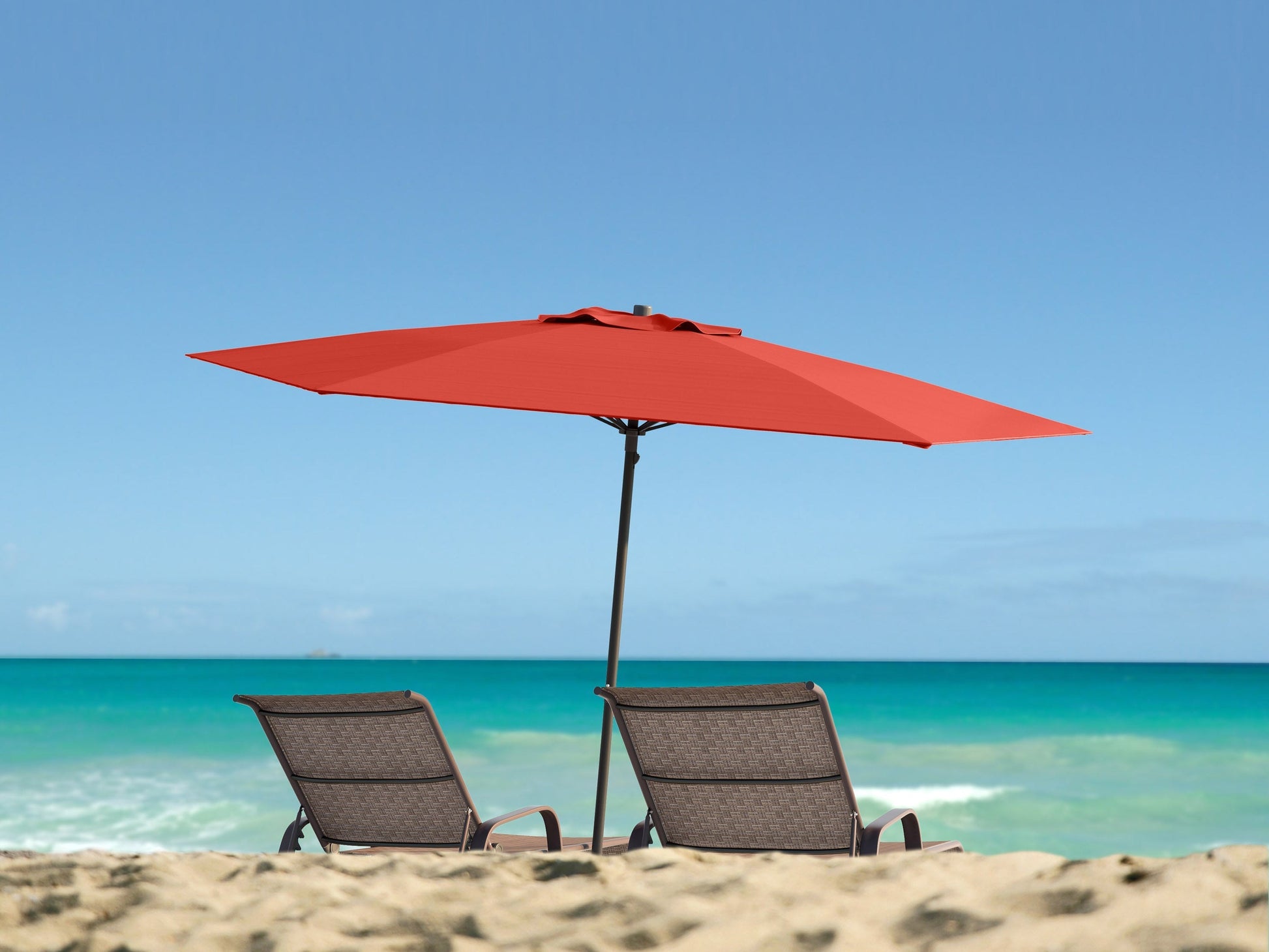 Crimson red 7.5ft beach umbrella with UV protection, adjustable tilt, and sturdy aluminum pole.