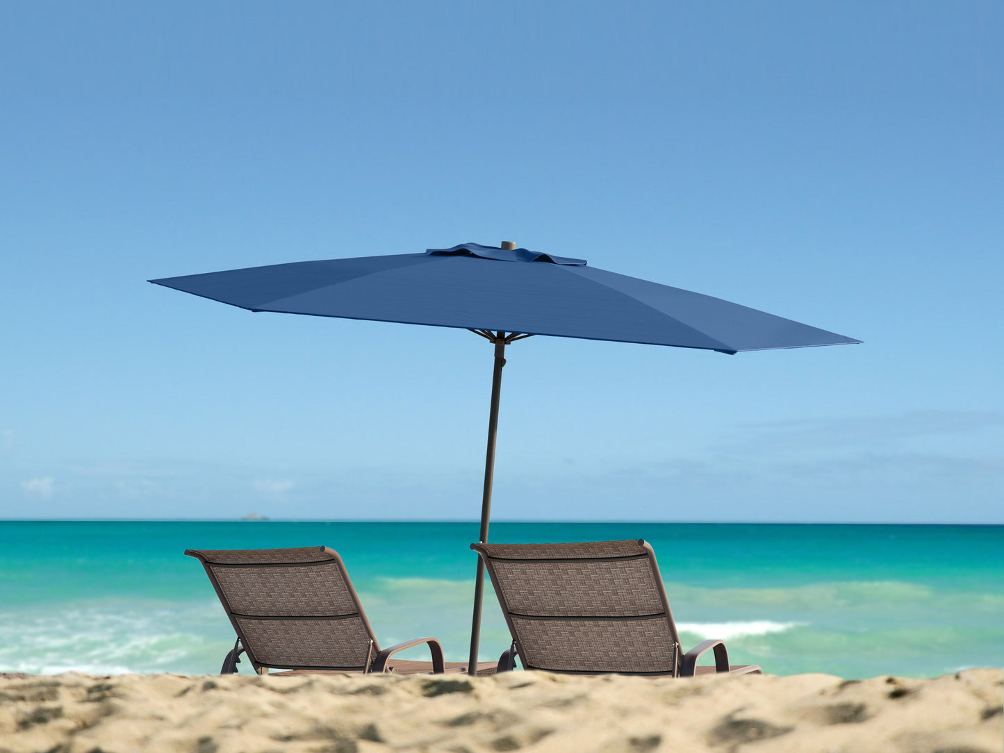 Cobalt blue beach umbrella with 7.5ft canopy, UV protection, and sturdy tilt mechanism.