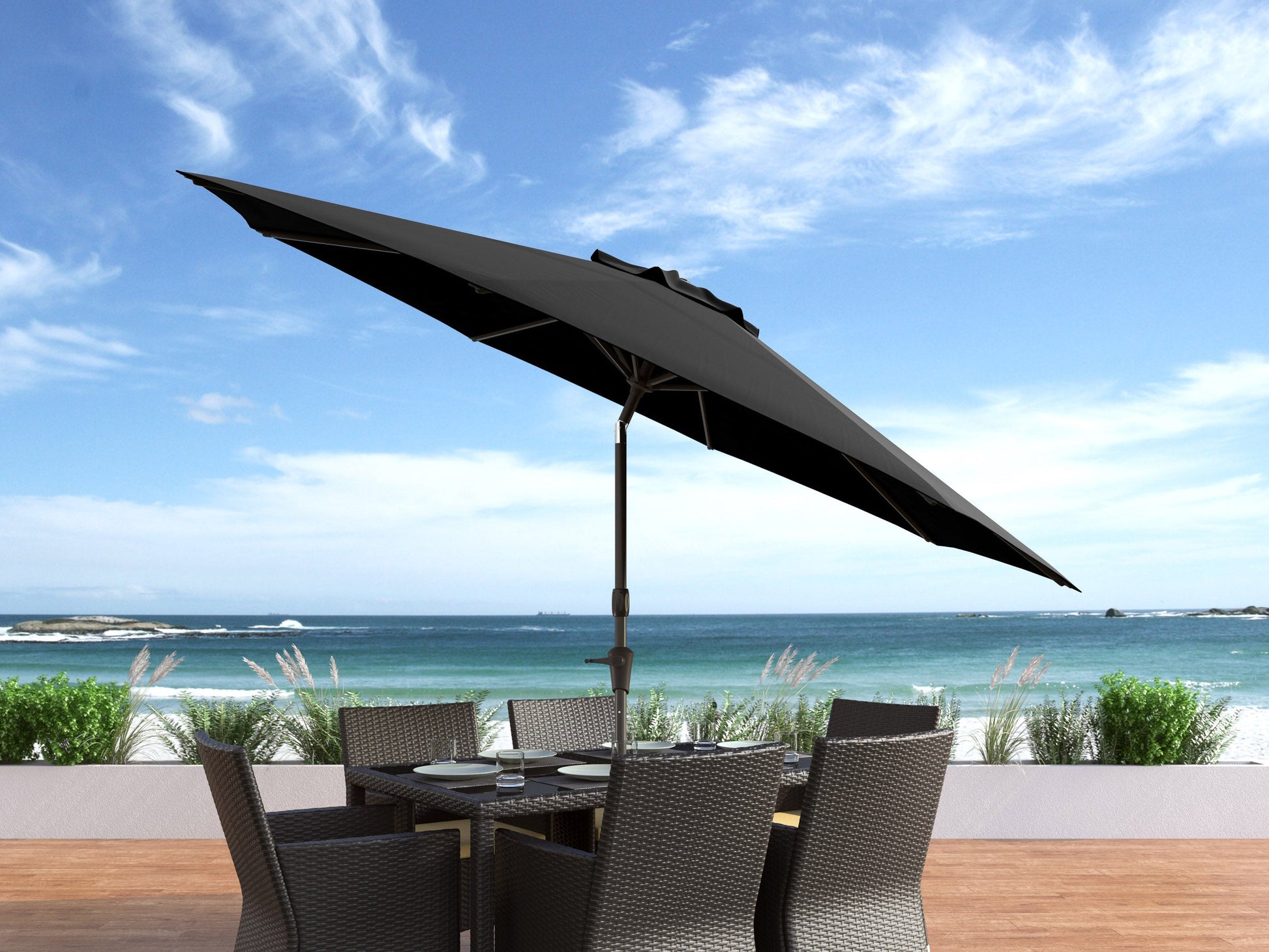 10ft black wind-resistant patio umbrella with UV protection and sturdy aluminum frame.